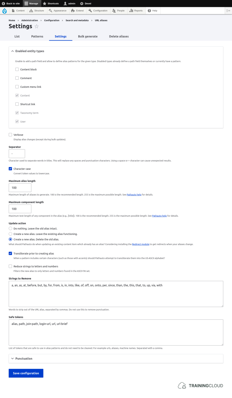 A screenshot of the Drupal 10 pathauto settings page.