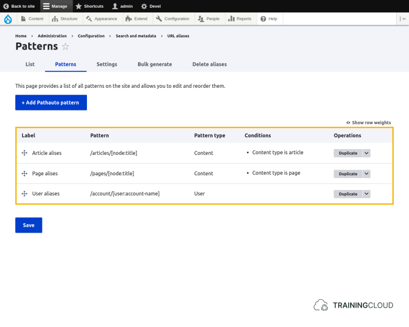 A screenshot of some highlighted Drupal 10 pathauto paterns.