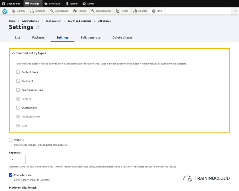 A screenshot of the Drupal 10 pathauto settings page with the enabled entity types options highlighted.