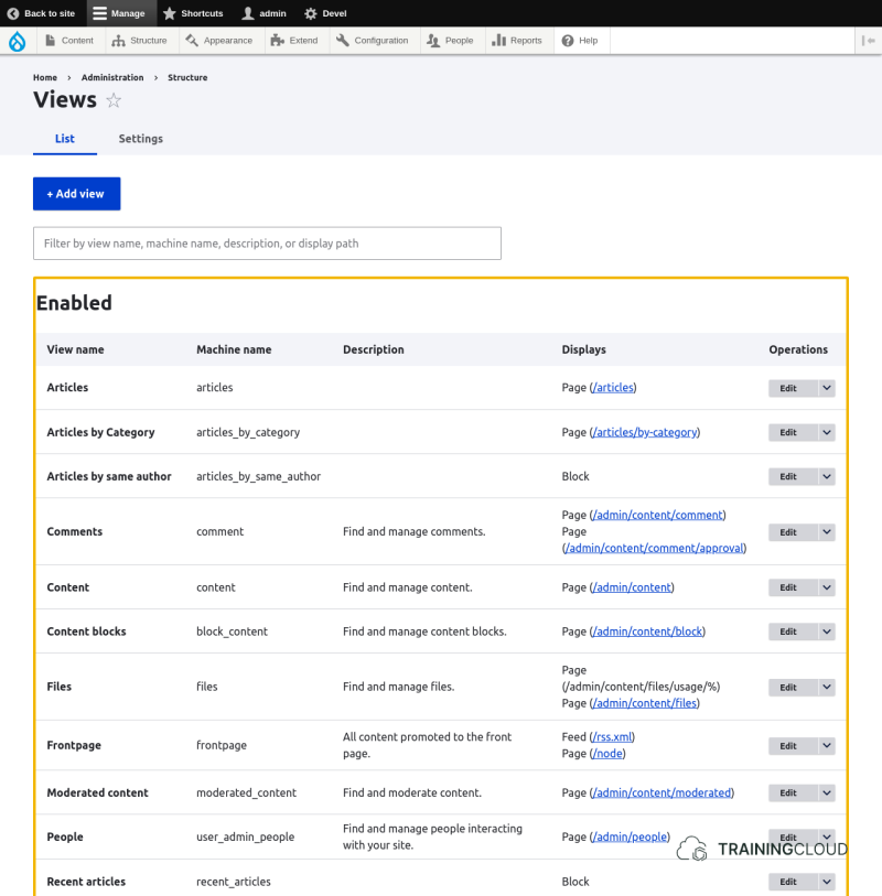 A screenshot of the Drupal 10 views list page with the enabled views highlighted.