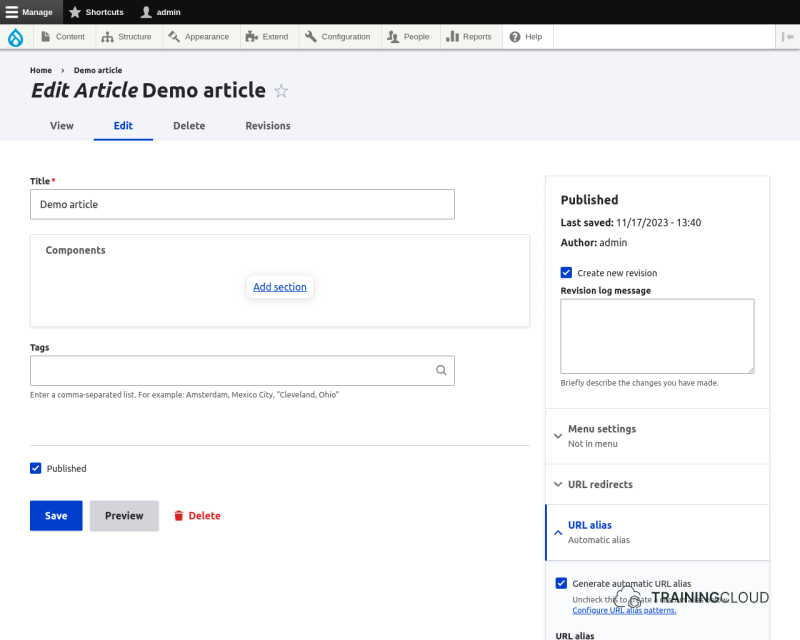 A screenshot of a Drupal 10 article creation page using Layout Paragraphs.