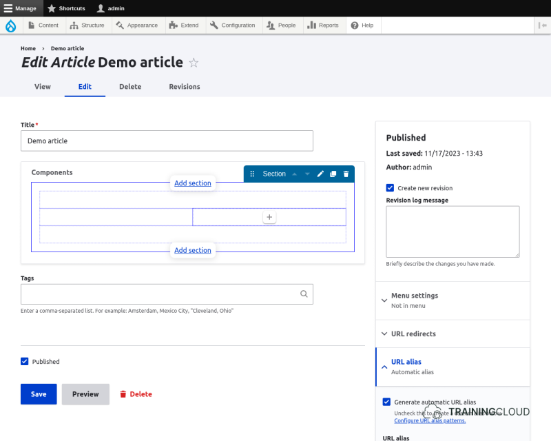 A screenshot of a Drupal 10 Article edit page using Layout Paragraphs with the layout paragraph components highlighted.