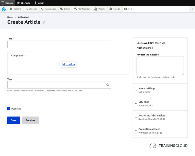 A screenshot of a Drupal 10 Article creation page using the Paragraphs and Layout Paragraphs modules.