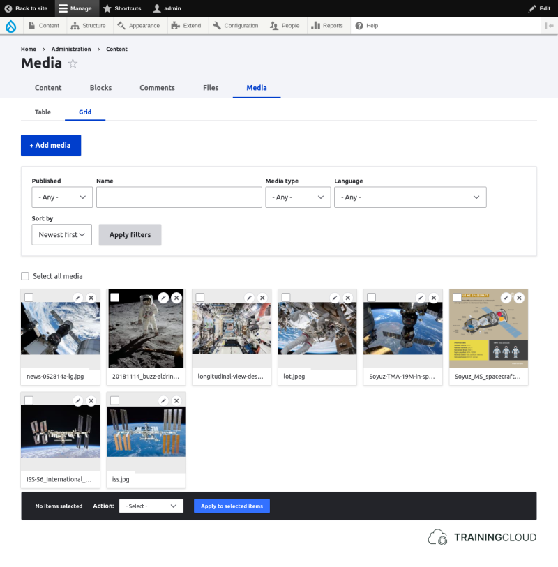 A screenshot of the Drupal 10 media library using the grid display.