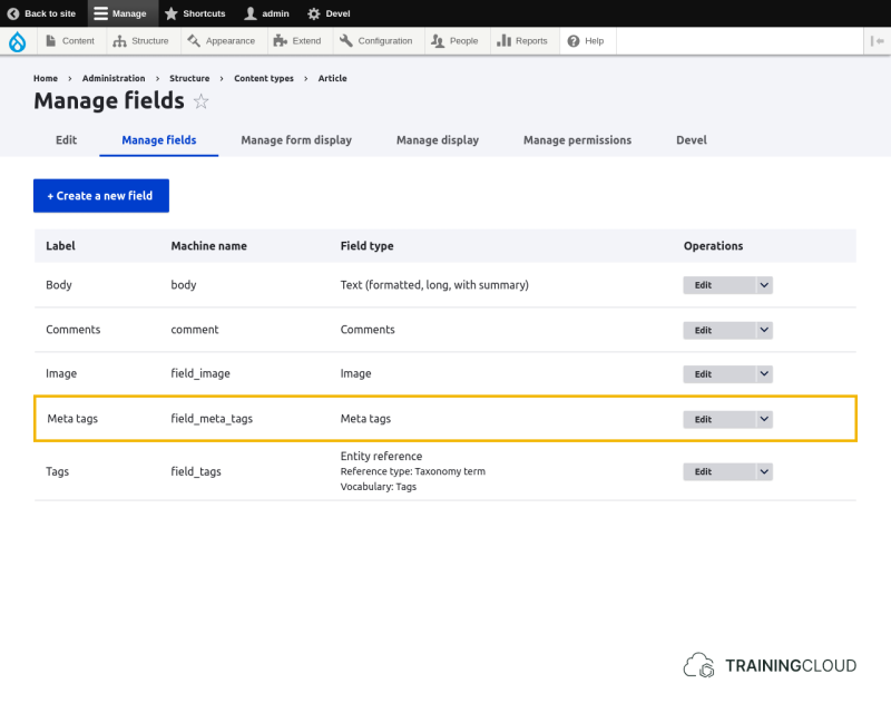 A screenshot of a Drupal 10 content type field management page with a metatag field highlighted.