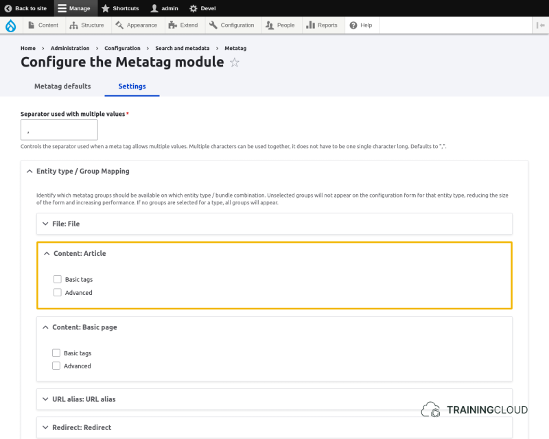 A screenshot of the Drupal 10 metatag settings page with the options for Articles highlighted.
