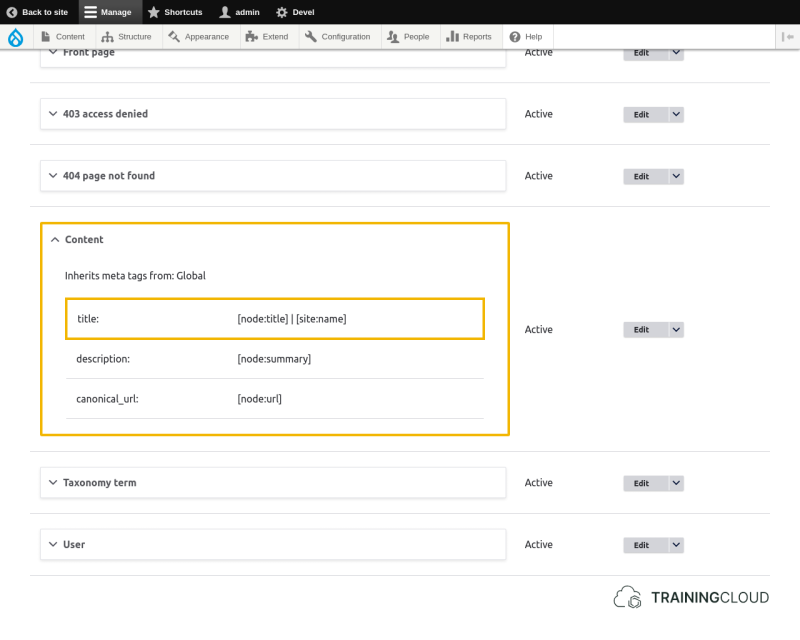A screenshot of the Drupal 10 default metatag options with the pattern for content title highlighted.