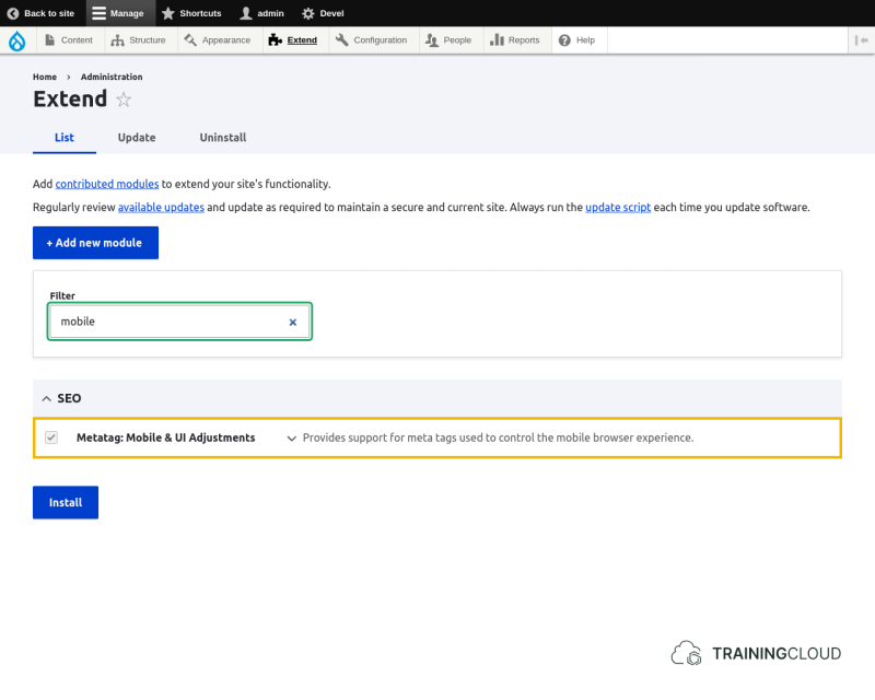 A screenshot of the Drupal 10 Extend page with a Metatag module highlighted.