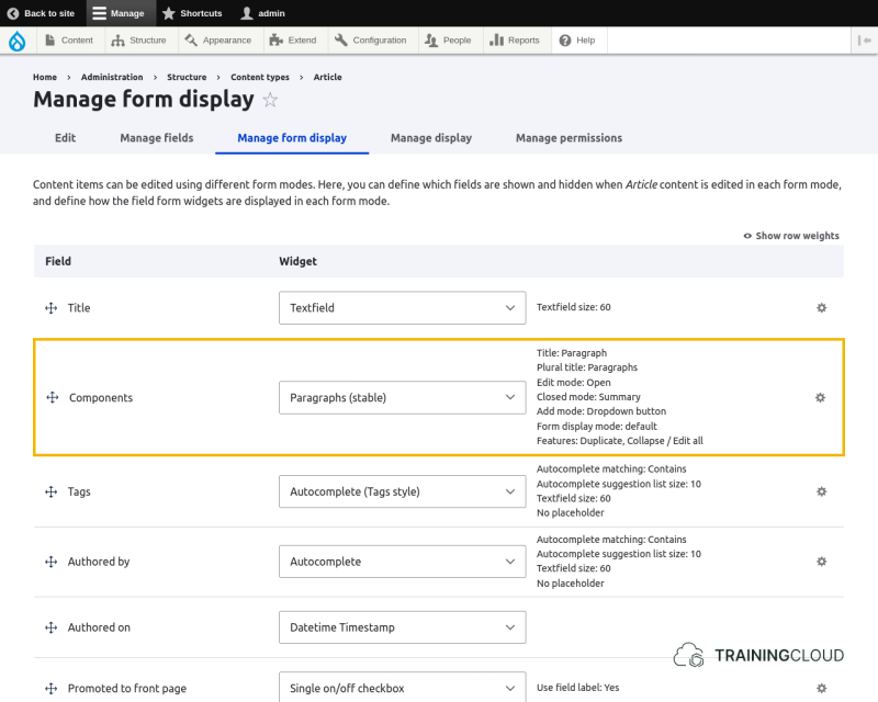 A screenshot of the Manage form Display of a Drupal 10 Article, with a Paragraphs field highlighted.