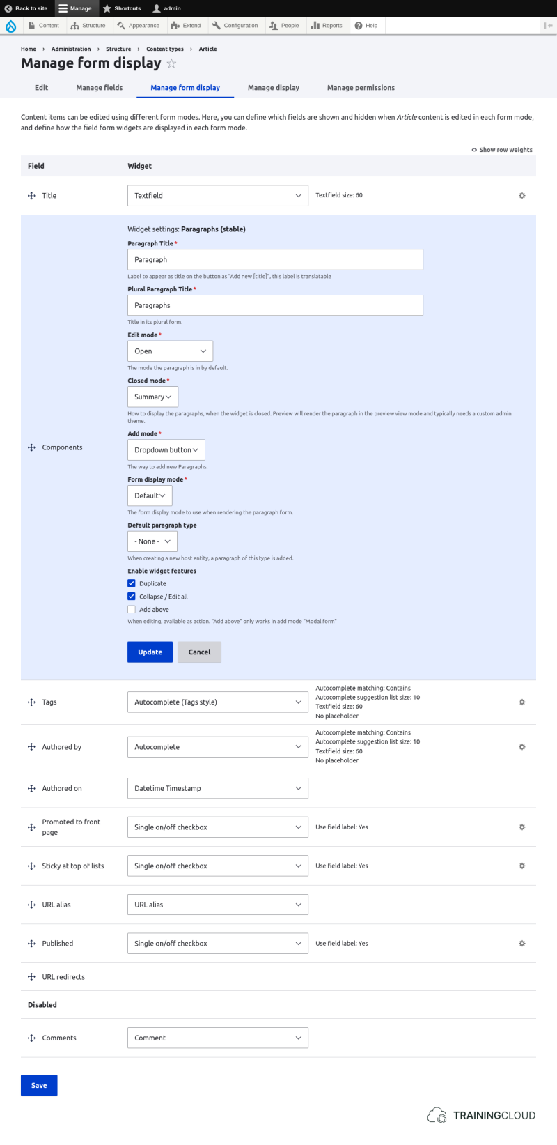 A screenshot of a Drupal 10 manage form display page with the options for editing a Paragraphs field open.