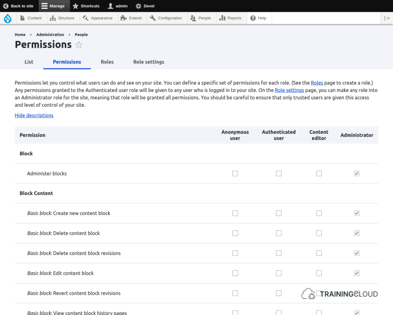 A screenshot of the Drupal 10 permissions configuration page.