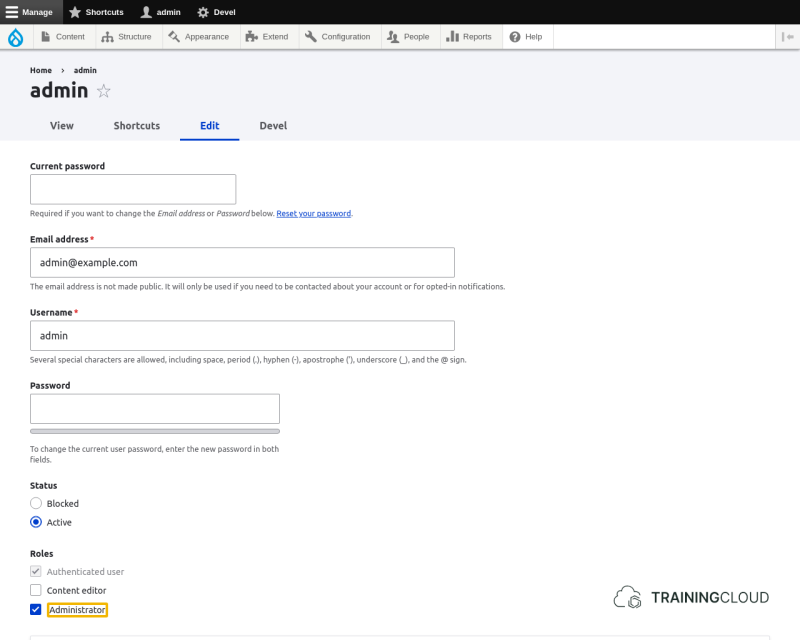 A screenshot of the Drupal 10 user edit page with a permissions setting highlighted.