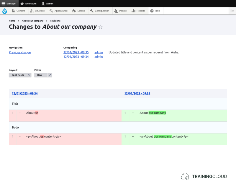 A screenshot of a Drupal 10 basic page's revisions being compared using the Diff module and using its split fields layout.