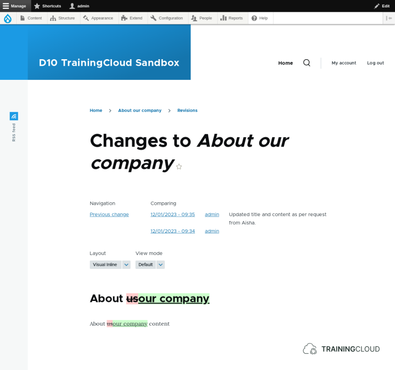 A screenshot of a Drupal 10 basic page's revisions being compared using the Diff module.