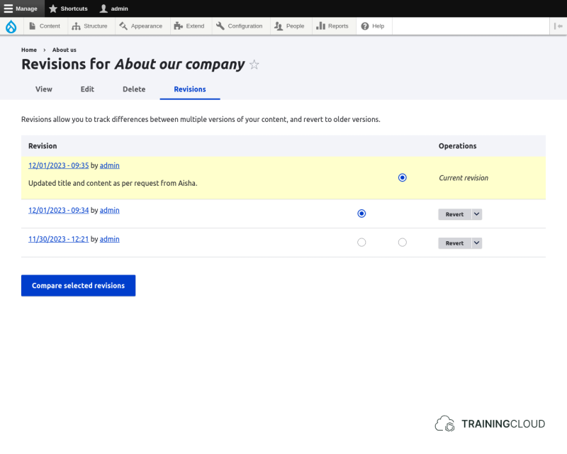 A screenshot of a Drupal 10 basic page revisions page with the diff module enabled.