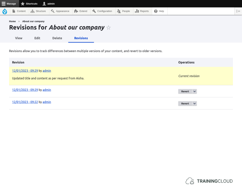 A screenshot of a Drupal 10 basic page revision page.