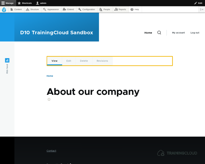 A screenshot of a Drupal 10 basic page with the task tabs highlighted.