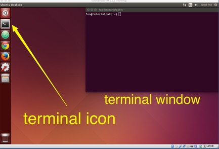 A screenshot of an Ubuntu desktop showing how to open the terminal