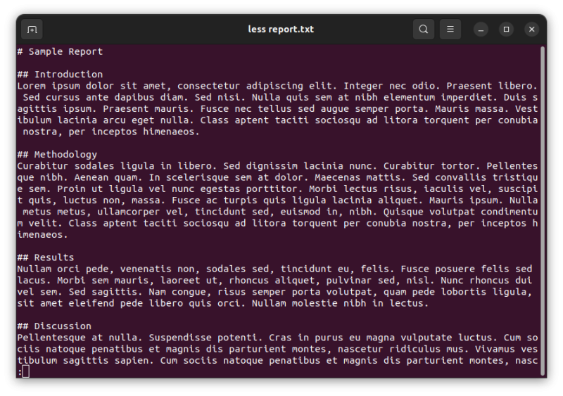 A screenshot of a text document being viewed using the less command.