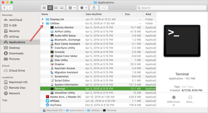 A screenshot showing how to open a terminal in MacOS