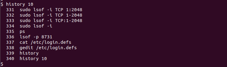 A screenshot of a users last 10 commands being displayed using the history command.