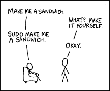A stick figure drawing showing the power of the sudo command.