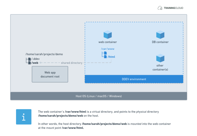 Diagram showing how the docroot directory is shared between the Host OS and the web container.