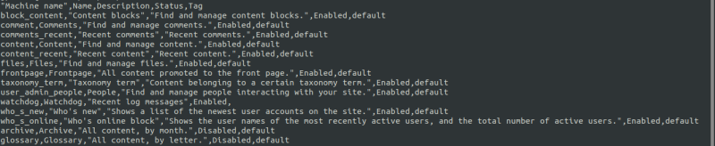 A screenshot of a command line terminal displaying the results of running a drush views:list --format=csv command.