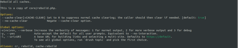 A screenshot of a command terminal displaying the results of running a drush help cache:rebuild command