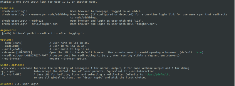 A screenshot of a command line terminal displaying the results of running a drush  help user:login command.