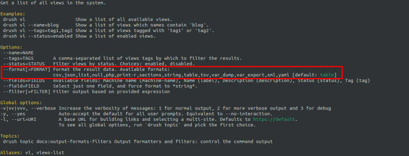 Command-line output for the command drush help views:list with the --format results highlighted.