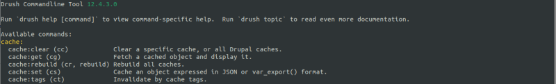 A screenshot of a command line terminal displaying the results of running a drush --filter=cache command