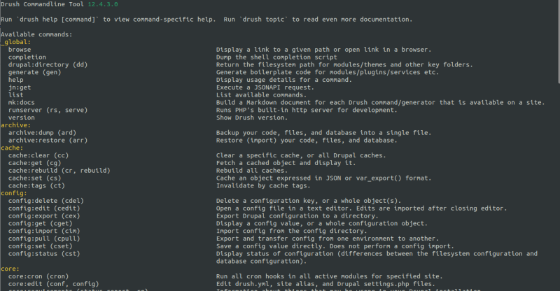 A screenshot of a command line terminal displaying the results of running a drush command.