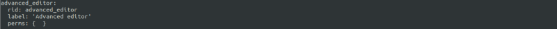 A screenshot of a command line terminal displaying the results of running a drush role:create advanced_editor "Advanced editor" command and then a drush role:list --filter="rid=advanced_editor" command.