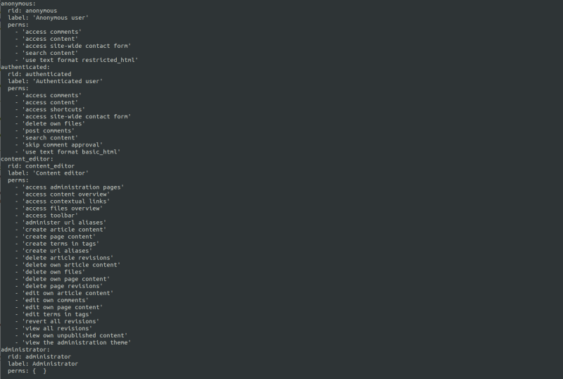 A screenshot of a command line terminal displaying the results of running a drush roll:list command.