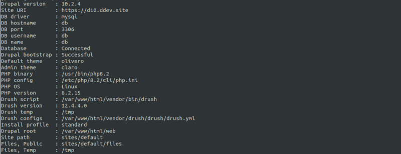 A screenshot of a command line terminal displaying the results of running a drush core:status command.