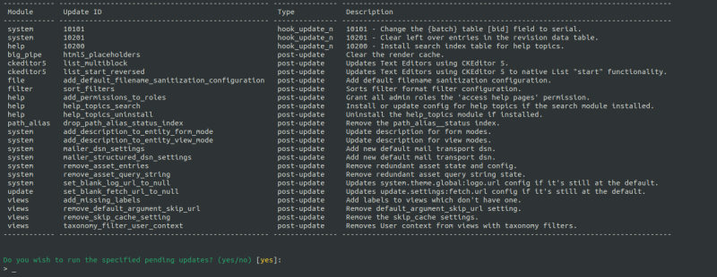 A screenshot of a command line terminal displaying the pending updates displayed after running a drush updatedb command.