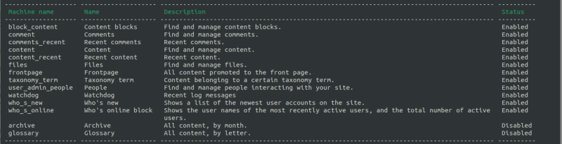 A screenshot of a command line terminal displaying the results of running a drush views list command.