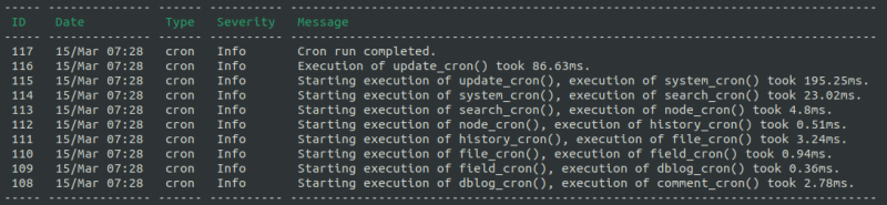 A screenshot of a command line terminal displaying the results of running a drush watchdog:show command.