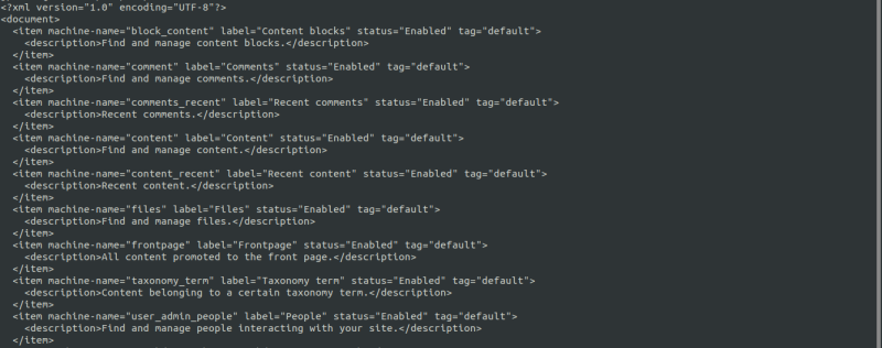 A screenshot of a command line terminal displaying the results of running a drush views:list --format=xml command.