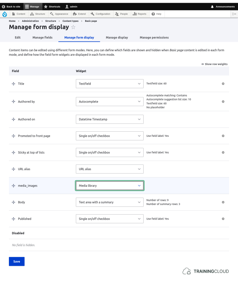 Selecting the Media Library form widget for a Media field