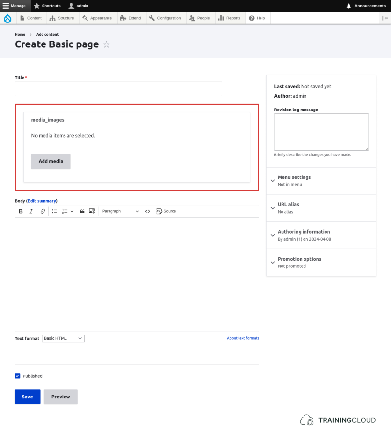 The Media Library form widget on a basic page edit form