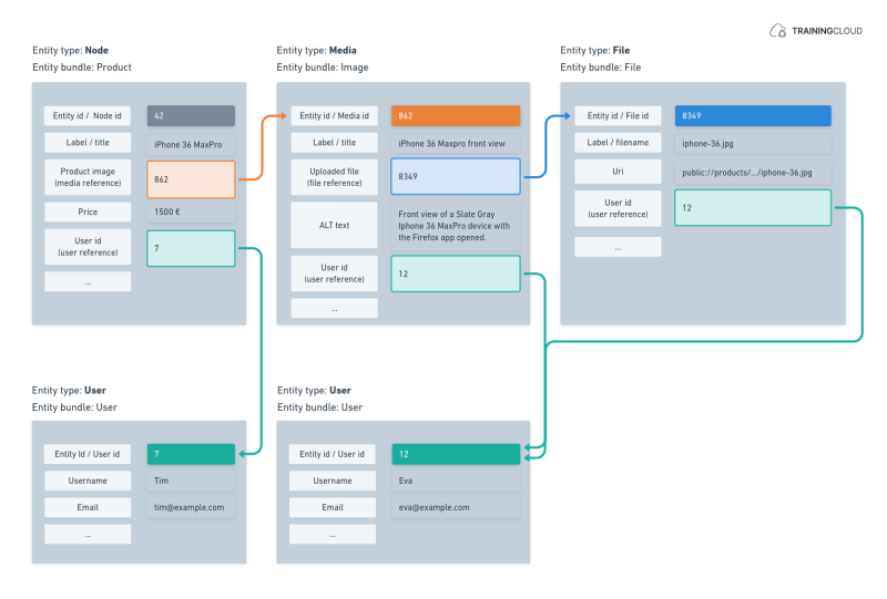 Diagram of how multiple entities are related to each other via entity reference fields.