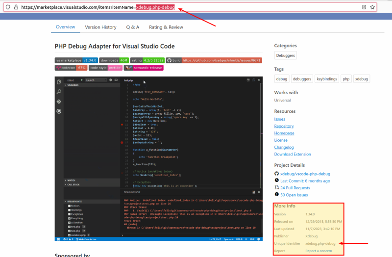 VSCode extension info on the Marketplace