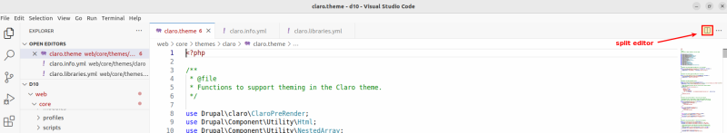 VSCode split editor right button.