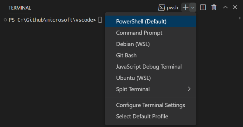 VSCode powershell terminal option
