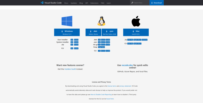 VSCode installers for different platform.