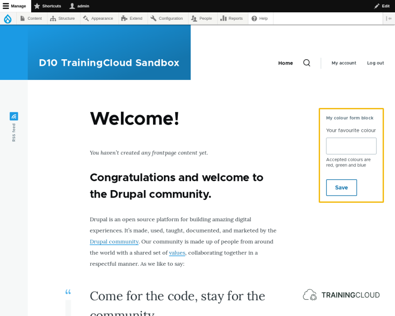 A screenshot of the Drupal 10 default homepage, with a custom block displayed and highlighted in the sidebar region.