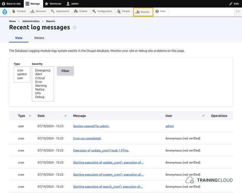 A screenshot of the Drupal 10 recent log messages page with the reports tab highlighted.