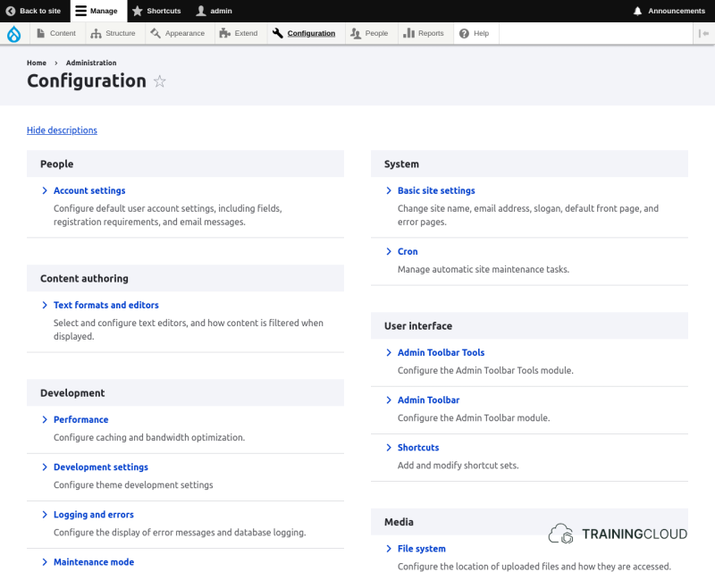 A screenshot of the Drupal 10 Configuration page using the Claro administrative theme.